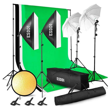 ESDDI Photography Lighting Kit, Adjustable 2.6Mx3M Background Support System with 3 Color Backdrop Fabric Photo Studio Softbox Sets, 5x 85W Bulb, 2x Umbrellas Light Stand & Carrying Bag - Imported from UK